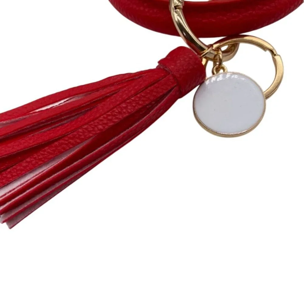 Leather‎ Tassel Bangle Keychain Red With Gold Tone Charms & Rings Wrislet
